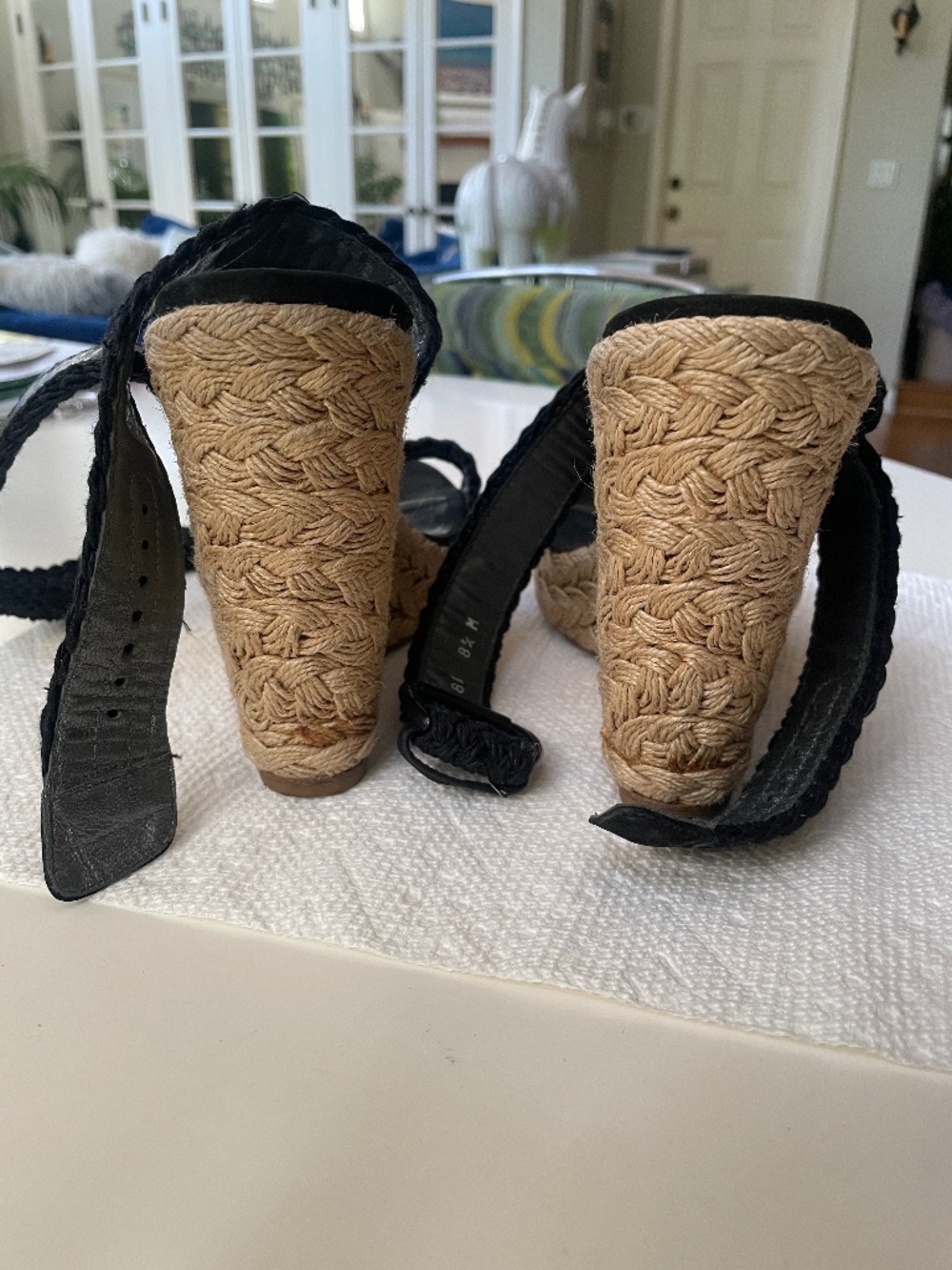 Stuart Weitzman Alexlo Crochet braided Black Wedge Sandals size 8.5 - Picture 2 of 11
